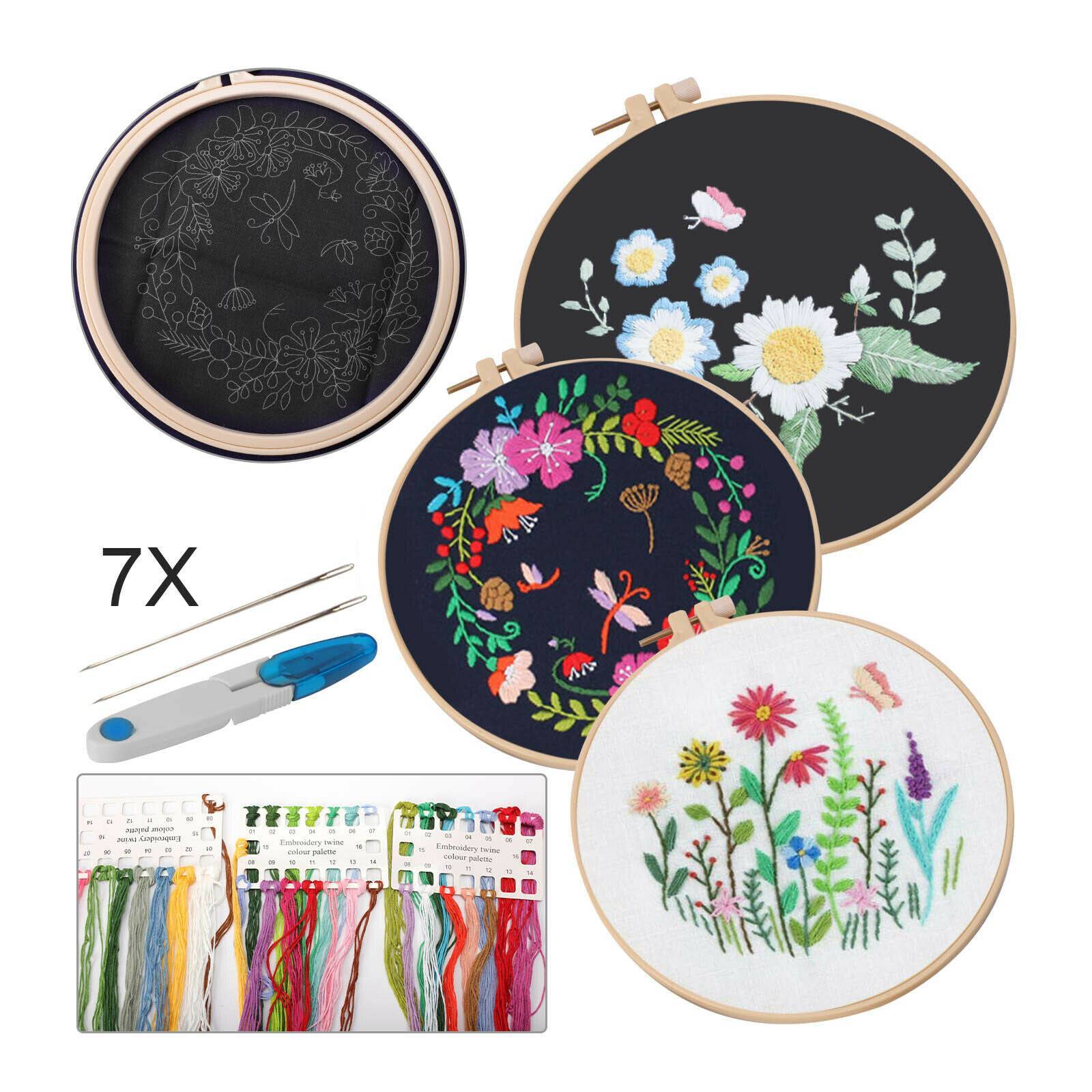 Embroidery Beginners DIY Cross  Kits Pre-Printed Floral Pattern With Hoop