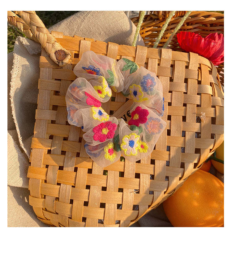 Embroidered flower mesh hair tie