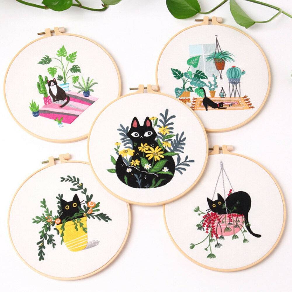 Embroidery Beginners DIY Cross  Kits Pre-Printed Floral Pattern With Hoop