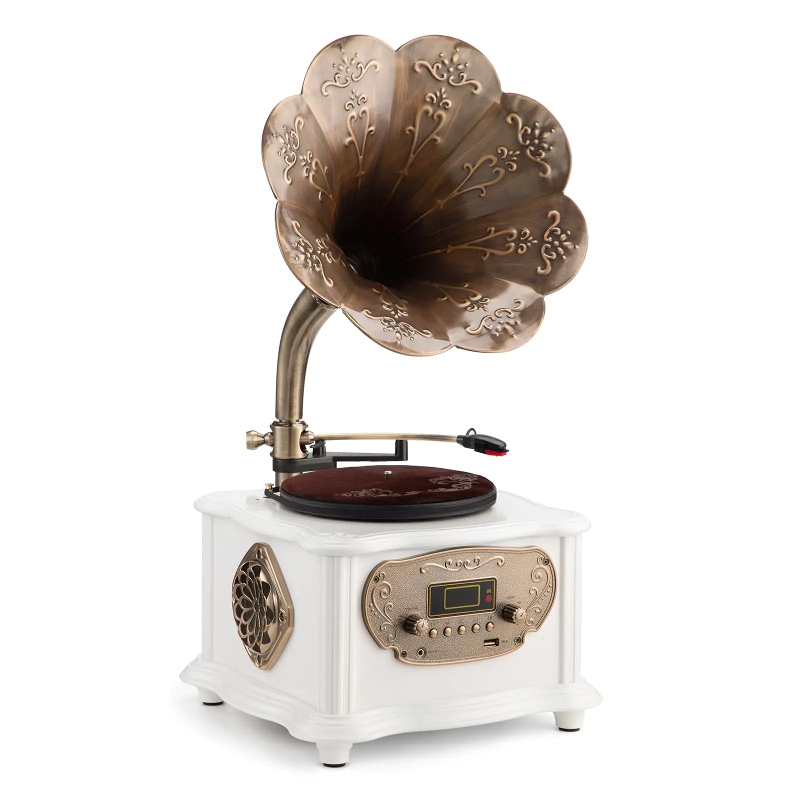 Retro Phonograph Record Player Bluetooth Speaker with with Copper Horn Nostalgic Vintage Vinyl Gramophone Turntable for Home Decoration Aux-in USB (with Record Player White)